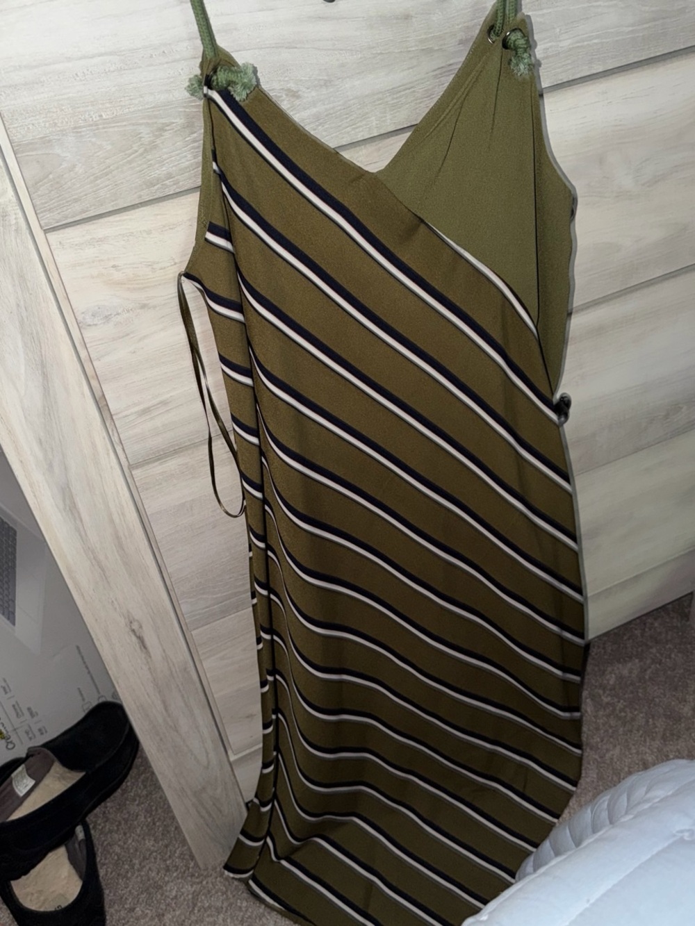 Paper Crane Olive Green Striped Maxi Slip Dress